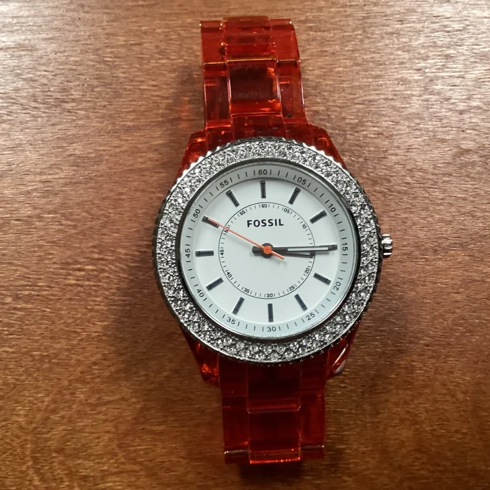 Fossil Stella Orange Acrylic Women’s Watch With Crystal Accented Bezel ES 2453